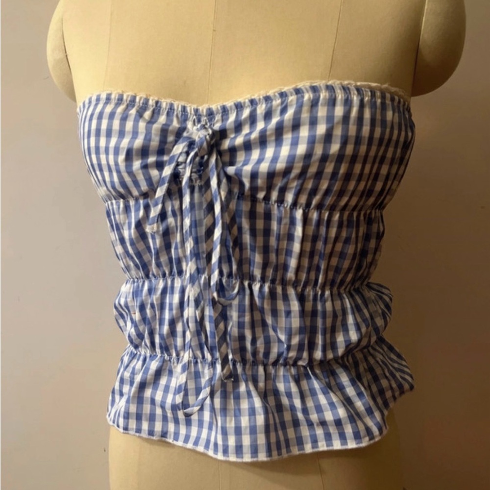 Rebellious One Blue Gingham Strapless Smocked Peplum Camisole